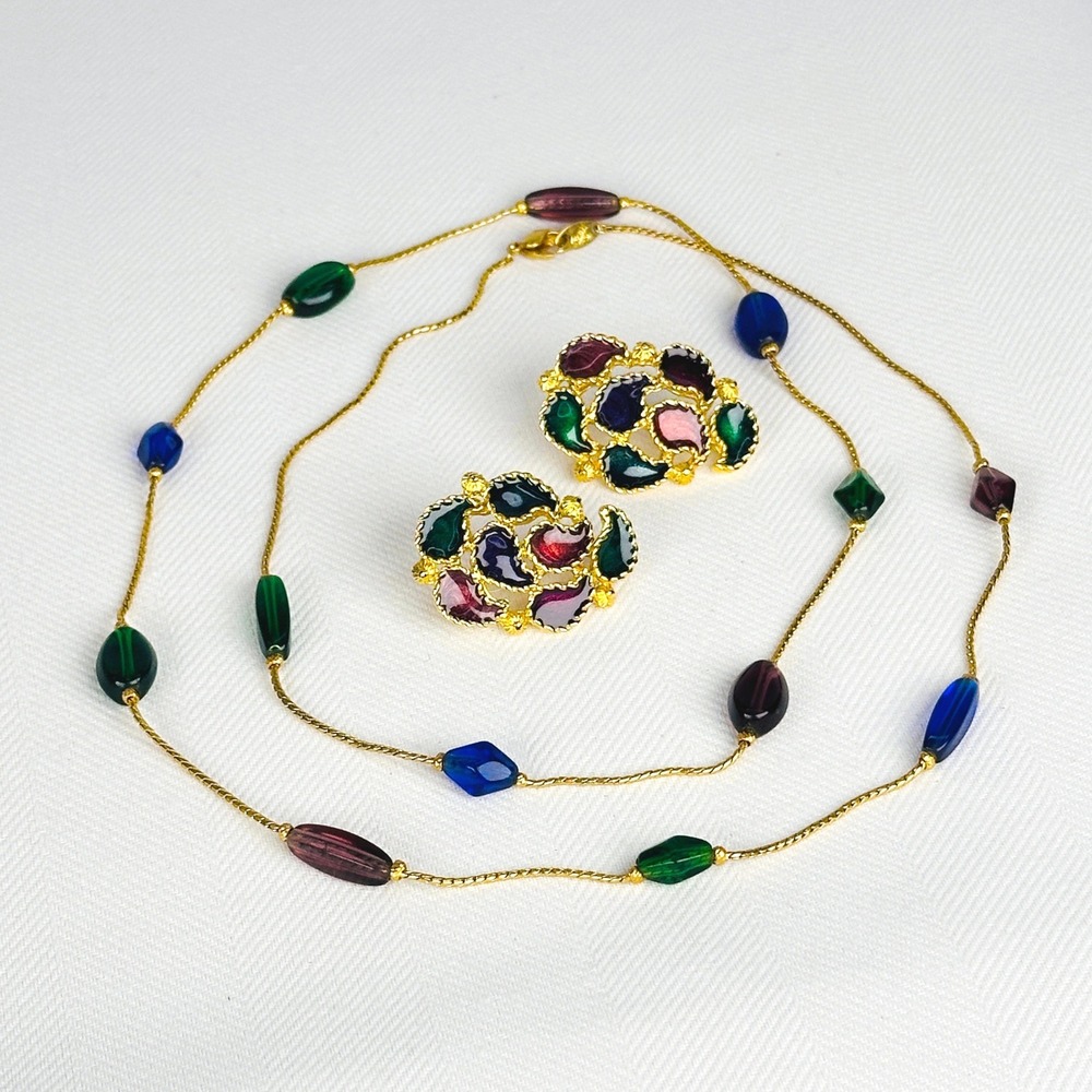 Vintage Trifari Multicolor Necklace Earring Set Gold Tone Jewel Tone Luxury
